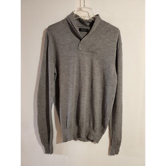 Zara Man 100% Wool Gray Knit Shawl Button Neck Sweater Mens Size XL Neutral - Picture 1 of 7